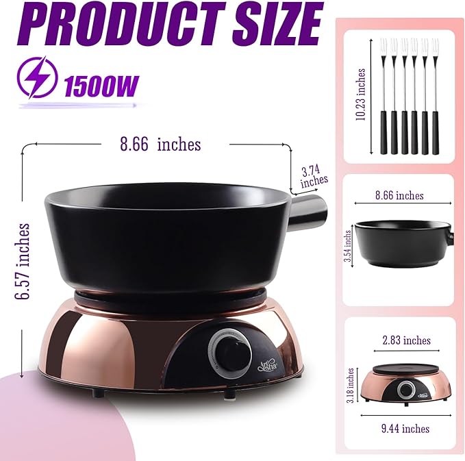 Artestia Swiss Design 2-QT Electric Fondue Pot for Meat, 1500W Ceramic Chocolate Melting Pot with Adjustable Temperature, 6 Fondue Forks, White Ceramic Pot with Rose-Gold Base (Black)