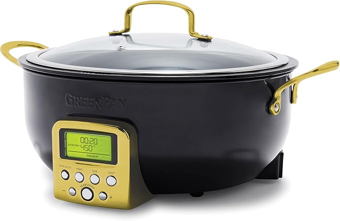 GreenPan Elite Essential Smart Electric 6QT Skillet Pot, Presets to Sear Saute Stir-Fry and Cook Rice, Healthy Ceramic Nonstick and Dishwasher Safe Parts, Easy-to-use LED Display, Gold