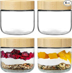 NETANY 4-pack 8oz Glass jars with Airtight Lids, Overnight Oats Containers with Bamboo Lids, Wide mouth Mason Salad jars, Glass Food Storage Containers for Snacks Yogurt Spice Sugar