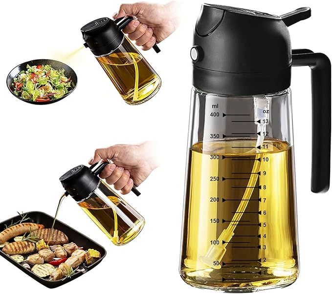 X&E 16oz/470ml Glass Olive Oil Sprayer for Cooking, 2 in 1 Olive Oil Dispenser Bottle, Food Grade Oil Mister for Kitchen Gadgets, Air Fryer Accessories, Salad & BBQ – Black