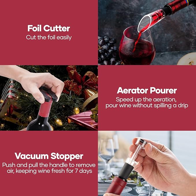 Electric Wine Opener,Rechargeable Automatic Wine Opener Corkscrew Opener Set With Wine Stopper, Foil Cutter, Wine Aerator,Storage Base & USB-C Cable Christmas Gifts for Wine Lovers