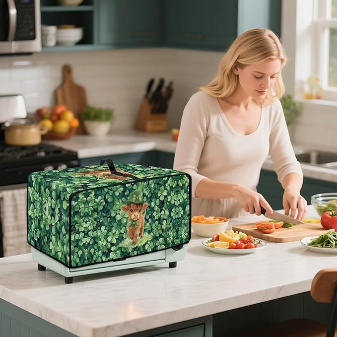 Highland Cow Four Leaf Clover Print Toaster Oven Cover Microwave Cover for Kitchen Countertop Appliance Dust Protector Decorative Oven Accessories for St. Patrick's Day Decor, Green, M