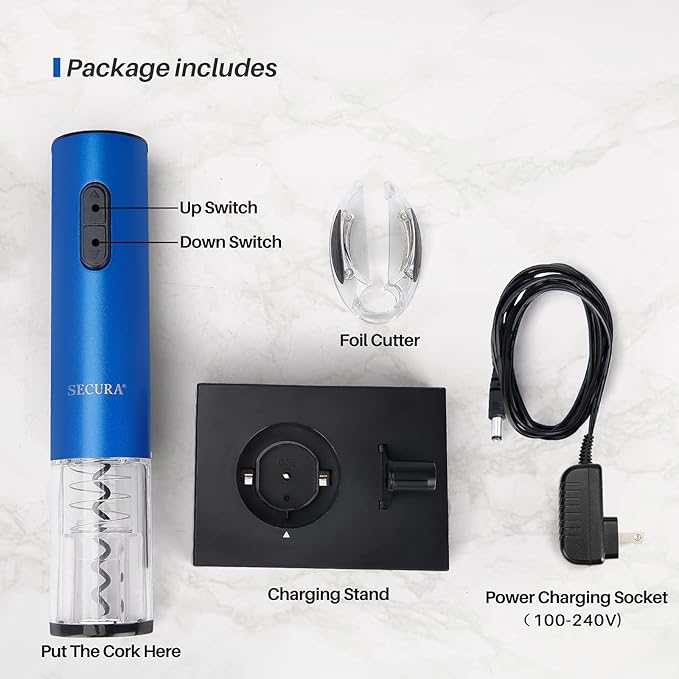 Secura Electric Wine Opener, Automatic Electric Wine Bottle Corkscrew Opener with Foil Cutter, Rechargeable (Blue)