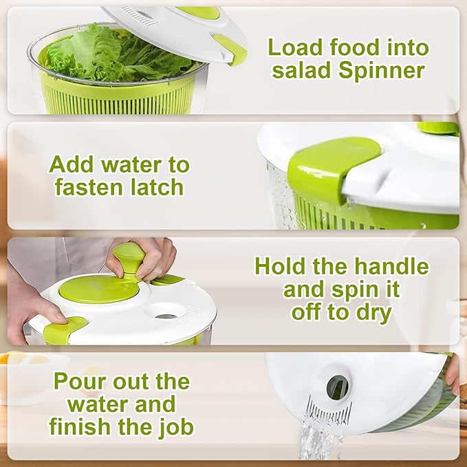 Salad spinner, vegetable and fruit washing dryer, lettuce spinner, for washing fruits, vegetables, pasta, green, 5L