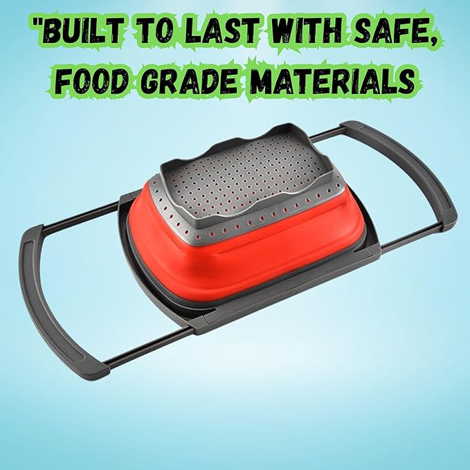 Over the Sink Collapsible Colander Strainer (5 Quart) with Extendable Handles, BPA Free Silicone Kitchen Strainer for Vegetables, Fruit & Pasta, Foldable Sink Colander Basket (1pc red)