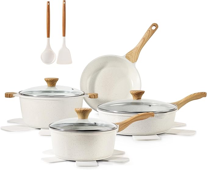 SENSARTE Nonstick Ceramic Cookware Set, 13-Piece Non-toxic Pots and Pans Set, Healthy Kitchen Cooking Set with Stay-Cool Handles, Silicone Tools and Pot Protectors, PFAS Free