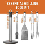 Yukon Glory Stainless Steel BBQ Tool Set with Rotating Stand & Drip Pan – Complete Grill Tool Kit with Spatula, Tongs, Fork & Brush – Durable, Easy to Clean – Great Gift for Men Who Love Grilling