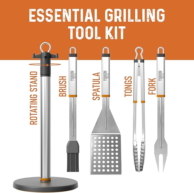Yukon Glory Stainless Steel BBQ Tool Set with Rotating Stand & Drip Pan – Complete Grill Tool Kit with Spatula, Tongs, Fork & Brush – Durable, Easy to Clean – Great Gift for Men Who Love Grilling