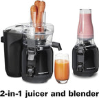 Hamilton Beach Juice & Blend 2-in-1 Juicer Machine and 20 oz. Blender, Big Mouth Large 3” Feed Chute for Whole Fruits and Vegetables, Easy to Clean, Centrifugal Extractor, 800W Motor, Black (67970)