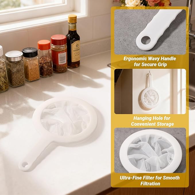 Fine Mesh Strainer with Handle, 80 Mesh, Plastic Juice Strainer after Juicing, Small Colander for Kitchen, Nylon Fine Sieve for Soy/Nut Milk, Yogurt, Coffee, Honey, Food, Tea Leaf Filter