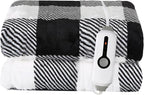 Electric Heated Blanket Throw Size - 50"x60", Soft Flannel Heating Blanket, 4 Heating Levels, 3 H Auto Shut Off, Breathable Warm and Washable for Sofa, Black - White Plaid