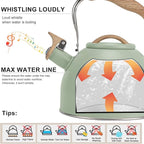 Tea Kettle, Vegoran 100 OZ / 3 Liter Whistling Tea Kettle, Tea Pots for Stove Top Food Grade Stainless Steel with Wood Pattern Folding Handle, Loud Whistle Kettle for Tea, Coffee, Milk (Green)