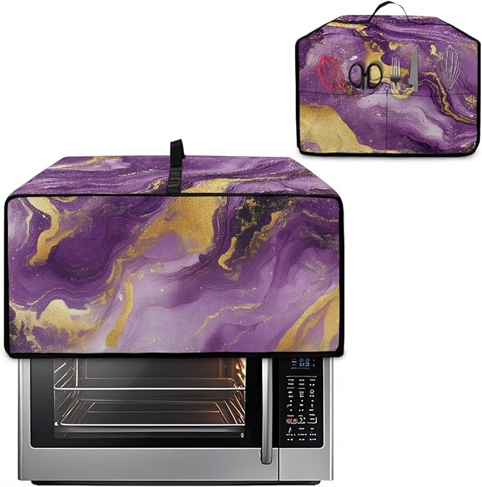 Marble Print Toaster Oven Cover, Dust-proof Heavy Duty Toaster Oven Cover for kitchen, Air Fryer with Accessory Pockets, Gold Violet, (Small-14.5*18.46*9 inches)