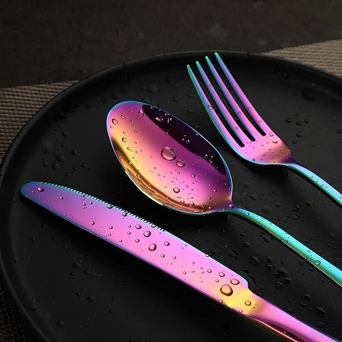 VANDBAO Rainbow Flatware Cutlery Silverware Set 20 Pieces, Stainless Steel Colorful Utensils, Tableware Set Service for 4, Include Knife/Fork/Spoon, Reusable, Mirror Polished, Dishwasher Safe
