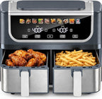 Simple Deluxe 9.5-Qt Dual Basket Air Fryer, 10-in-1 Digital Preset 1700W Airfryer, Sync Cook, Independent Temp Control, Shake Reminder, Nonstick Basket, Grey