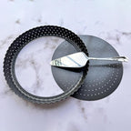 9 Inch Perforated Quiche Pan for Crispy Crust w/Cake Server. Removable Bottom, Non-Stick Coating, Rugged Carbon Steel Dish for Tart Quiche Pie Baking. Gift for Christmas Thanksgiving Party