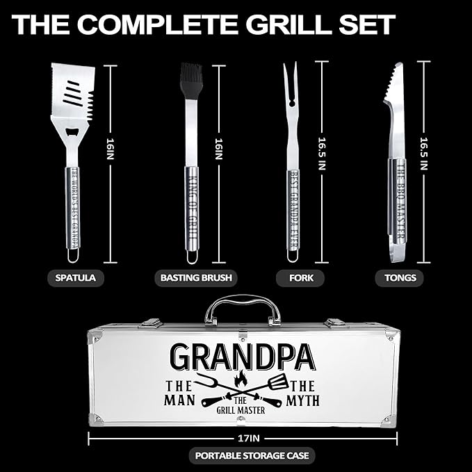 Grandpa Gifts, Gifts for Grandpa Fathers Day from Grandkids - Heavy Duty Grilling Accessories Kit for Backyard BBQ, Thick Stainless Steel Grill Utensils with Non-Slip Handle Tool Birthday