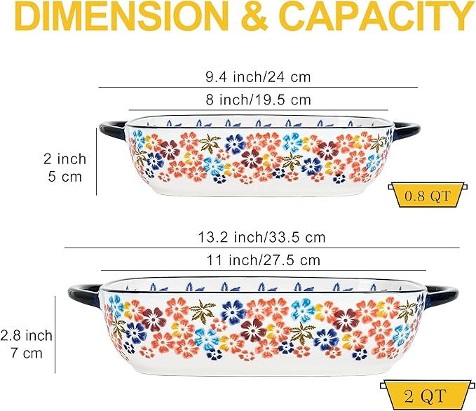Ceramic Casserole Dishes for Oven, Hand-painted Polish Pottery Baking Dish Set of 2, 0.8QT / 2QT Porcelain Casserole Dish with Handles, Baking Pan Lasagna Pan, Gift for Family/Friend (Yellow)