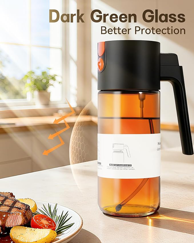 OURCABECUE Upgrade 2 in 1 Oil Sprayer for Cooking, 17oz Light-Blocking Glass Olive Oil Dispenser Bottle for Kitchen,Food-Grade Oil Mister with 8 Stickers for Salad, Frying(Amber Bottle-Black Gap)