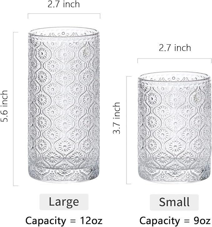 SoulTimes Glass Cups Vintage Glassware Set of 4, Drinking Glasses 9oz, Embossed Pattern Style Transparent Cocktail Glasses Set, for Ice Coffee,Juice,Beer,Bar Beverages,Drinkware, Transparent (S)
