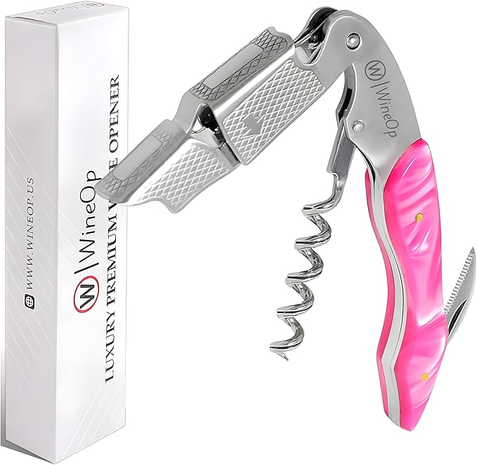 WineOp Professional Wine Opener Luxury Double Hinged Waiter's Corkscrew Wine Bottle Key - Cork screwer for Servers, Bartenders, Sommelier and Home Use | All-In-One Stainless Steel (Pink Resin)