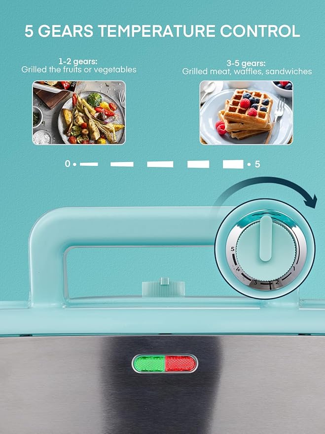 FOHERE Waffle Maker 3 in 1 Sandwich Maker 1200W Panini Press With Removable Plates and 5-gear Temperature Control, Non-stick Coating Easy to Clean,Indicator Lights, Blue