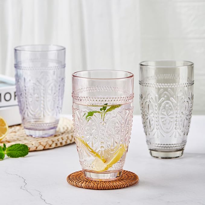 CREATIVELAND Colored Vintage Drinking Glasses Set of 4, 15.5 oz Romantic Embossed Water Glasses, Colored Tumblers Tempered Glass for Juice, Beverages, Beer, Cocktail