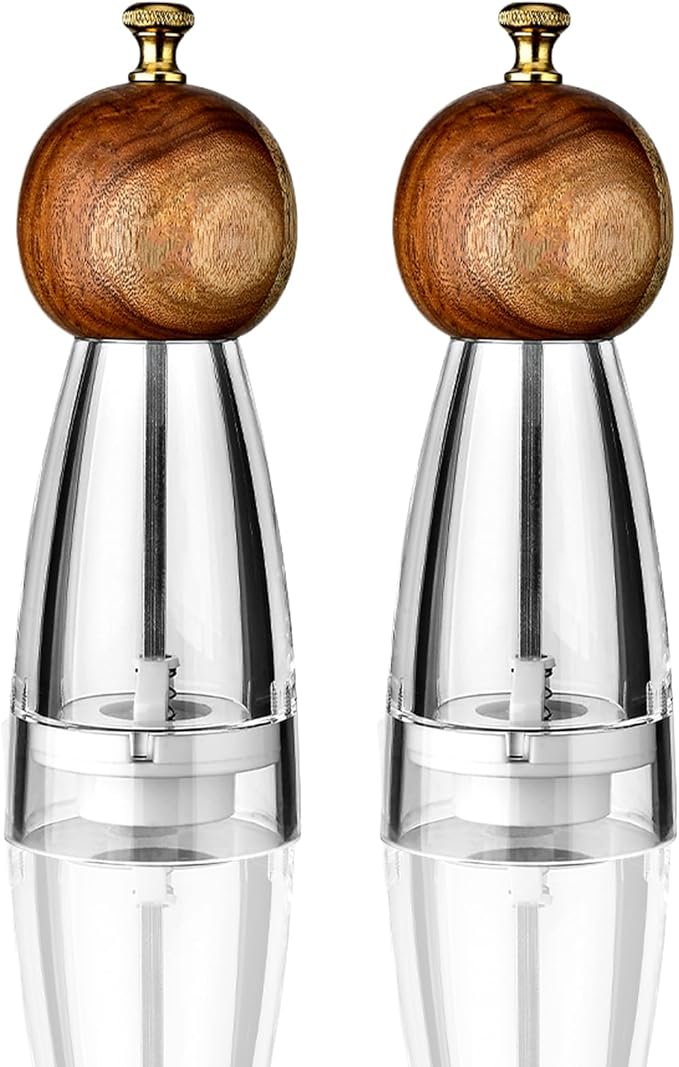 Pepper Grinder Set Salt and Pepper Grinder Acrylic Manual Pepper Mill Set with Adjustable Coarseness Salt and Pepper Shakers, Enjoy Fresh Ground Pepper Spices Salt Grinder (6.7in-wood-acrylic)
