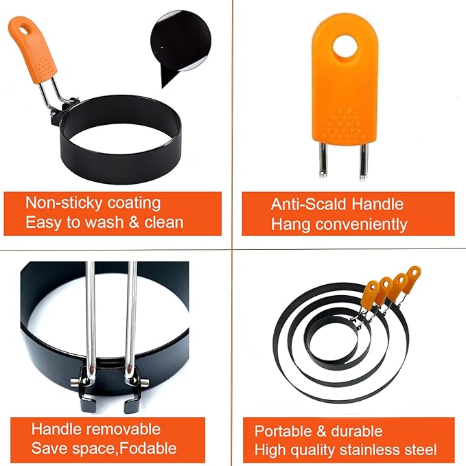 4 Packs 6 Inch Pancake Ring for Griddle, 6"Omelette Ring for Griddle, Non-stick Stainless Steel Pancake Egg Ring Omelet Mold Pancake Mold Cake Mold Crumpet Circle Silicone Handle Spatula & Oil Brush