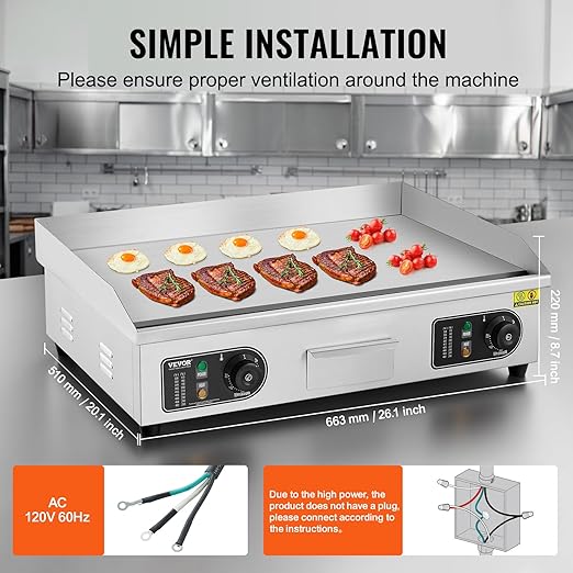 VEVOR Upgraded Commercial Electric Griddle, 2800W Stainless Steel Countertop Flat Top Grill, 26'' Griddle Grill with 2 Shovels and 2 Brushes, 122℉-572 ℉ Adjustable Temp, for Home Restaurant(No Plug)