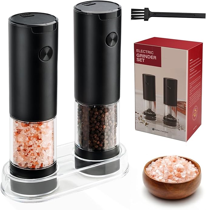 Electric Salt and Pepper Grinder Set - Battery Operated Spice Mills with Adjustable Coarseness, LED Light, Automatic Spice Grinder for Kitchen Appliance, with Cleaning Brush and Stand, Home Cooking