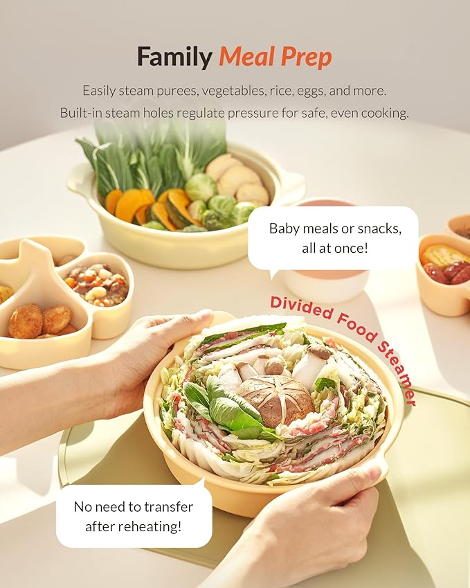 Moyuum Silicone Microwave Divided Steamer | Made in Korea, Baby Food Maker Bowl with 4 Compartment Divider and Steaming Tray, Steam Cooking Pot for Purees and Vegetables, Dishwasher Safe - Mustard