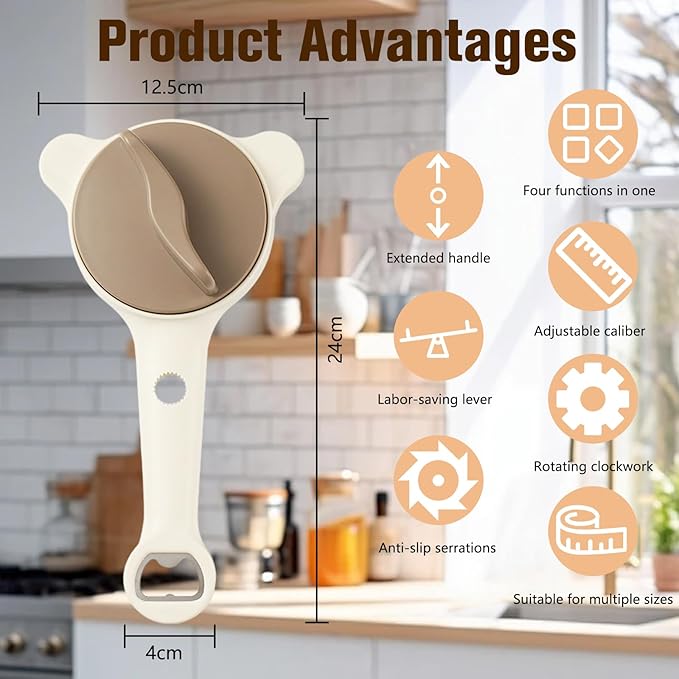 4 in 1 Multi-Purpose Jar Opener,Adjustable Stainless Steel Jar Opener,Multi-Functional Retractable Jar & Bottle Openers,Multi Size Lid Tool for Jars Cans Wine Bottles,Home Kitchen Helper (Beige)