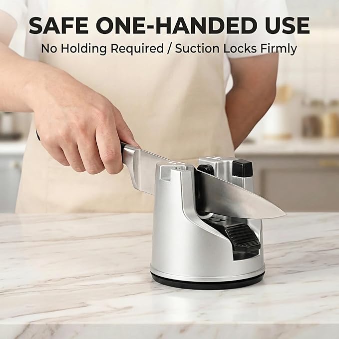 Knife Sharpener for Kitchen Knives, 3-Stage Suction Cup Sharpening Tool for Straight and Serrated Blades, Scissors Sharpener with Auto-Adjust Angle, Safe One-Handed Chef Knife Accessories