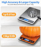 Food Scale - 15kg/33lb Digital Kitchen Scale with Full-View LCD Display, Grams and Ounces, Easy Clean Stainless Steel, 6 Units with Tare Function, Precise for Baking, Cooking & Meal Prep, Black