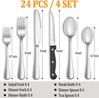 24 Pcs Silverware Set with Steak Knives Service for 4,Stainless Steel Flatware Set,Mirror Polished Cutlery Utensil Sets,Home Kitchen Eating Tableware,Include Fork Knife Spoon,Dishwasher Safe