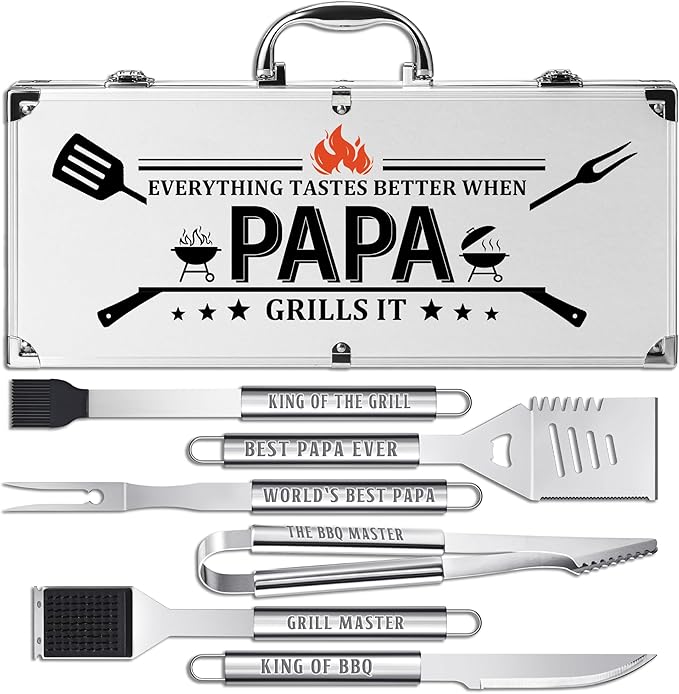 Papa Gifts, Papa Gifts from Grandkids Heavy Duty Grilling Accessories Kit for Backyard BBQ, Thick Stainless Steel Grill Utensils with Non-Slip Handle Tool on Christmas Birthday