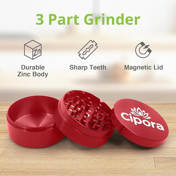 2.5" Manual 3-Piece Zinc Grinder with Large Bottom Chamber (Red)