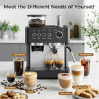 Kndko Espresso Machine with Grinder & Milk Frother, 20 Bar Espresso Coffee Machines with Removable Water Tank, Cappuccino & Latte Machine for Home, Black