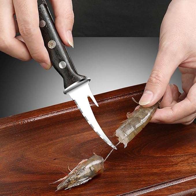 ibasenice Shrimp Line Peeler and Cutter with Wood Handle, Stainless Steel Seafood Deveining Tool for Shelling Shrimp and Cleaning Fish Maw, Kitchen Specialty Gadget for Seafood Preparation