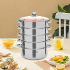 Stainless Steel Steamer Glass Lid, 5-Layer Cooking Steamer Set, Overlapping Design, ø 28cm /11 Inch, Suitable for Induction Cooktops, Electric Cooktops, Gas Cooktops