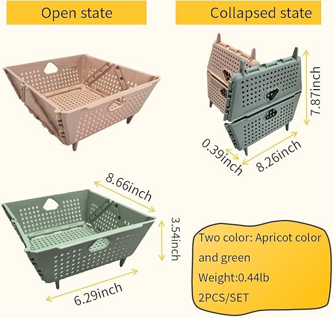 2 Pcs Collapsible Colander Strainer, Multipurpose Drain Basket for Fruit Storage, Mini Foldable Picnic Basket for Kitchen, Travel, RV, Car, Space-Saving Fruit Drain Basket for Food Organizing