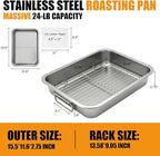 Stainless Steel Roasting Pan with Rack & Handles,15.5" x 11.6"- Food Grade No Coating Dishwasher Safe - Roaster for Turkey Chicken Meat Vegetables for Thanksgiving Christmas and Family Gatherings