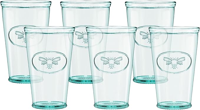Amici Home Bee Hiball Glass | 16 Oz | Italian Made, Recycled Glass with Green Tint | Drinking Glass with Embossed Bee Design for Water, Juice, Cocktails (Set of 6)