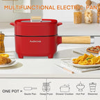 Audecook Hot Pot Electric 2L, Cermic Glaze Non-Stick Frying Pan 8 Inch, Portable Travel Cooker for Ramen/Steak/Fried Rice/Oatmeal/Soup, with Dual Power Control (Silicone Spatula Included)
