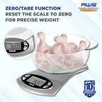 AWS Kitchen Pro 0.1g/0.001oz Precision Food Scale 5kg/11lb Digital Bowl Scale with Tempered Glass, | 2.72L Dishwasher-Safe Bowl, Tare, Timer, Clock & Room Temperature Display | Ultra Cooking Scale