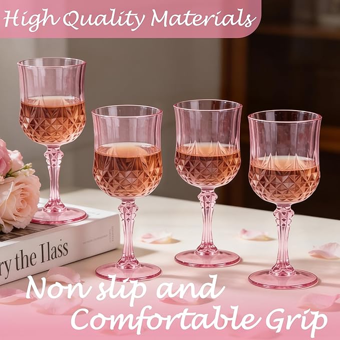 Plastic Wine Glasses, Plastic Goblets Vintage Style Cordial Unbreakable Drinking Glasses,Reusable Drinkware for Wedding Reception, Grand Event Party Supplies, Mother's Day(24, Pink)