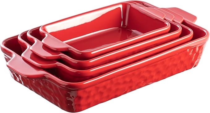 Dafuceramic Casserole Dishes for Oven, Baking Dishes, Ceramic Bakeware Sets of 4, Rectangular Baking Pan Set with Handles for Baking, Casserole, Kitchen, Wedding Gift (Red)