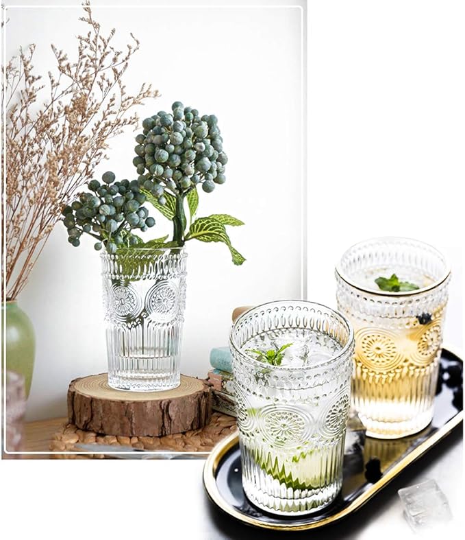 Kingrol Embossed Vintage Drinking Glasses Set of 6, 12 oz Textured Glass Tumblers, Clear Retro Water Glasses for Iced Coffee, Juice, Cocktails & Everyday Use