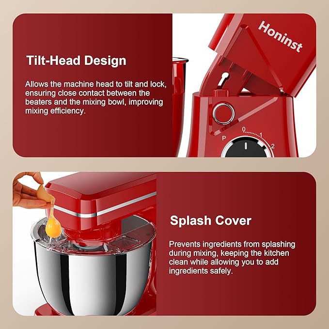 Stand Mixer, 10-Speed Kitchen Electric Mixer, 6QT Food Mixer with 8-in-1 Splash Guard, Dishwasher-Safe Dough Hook/Whisk/Beater/Spatula, Dough Mixers for Baking, Red
